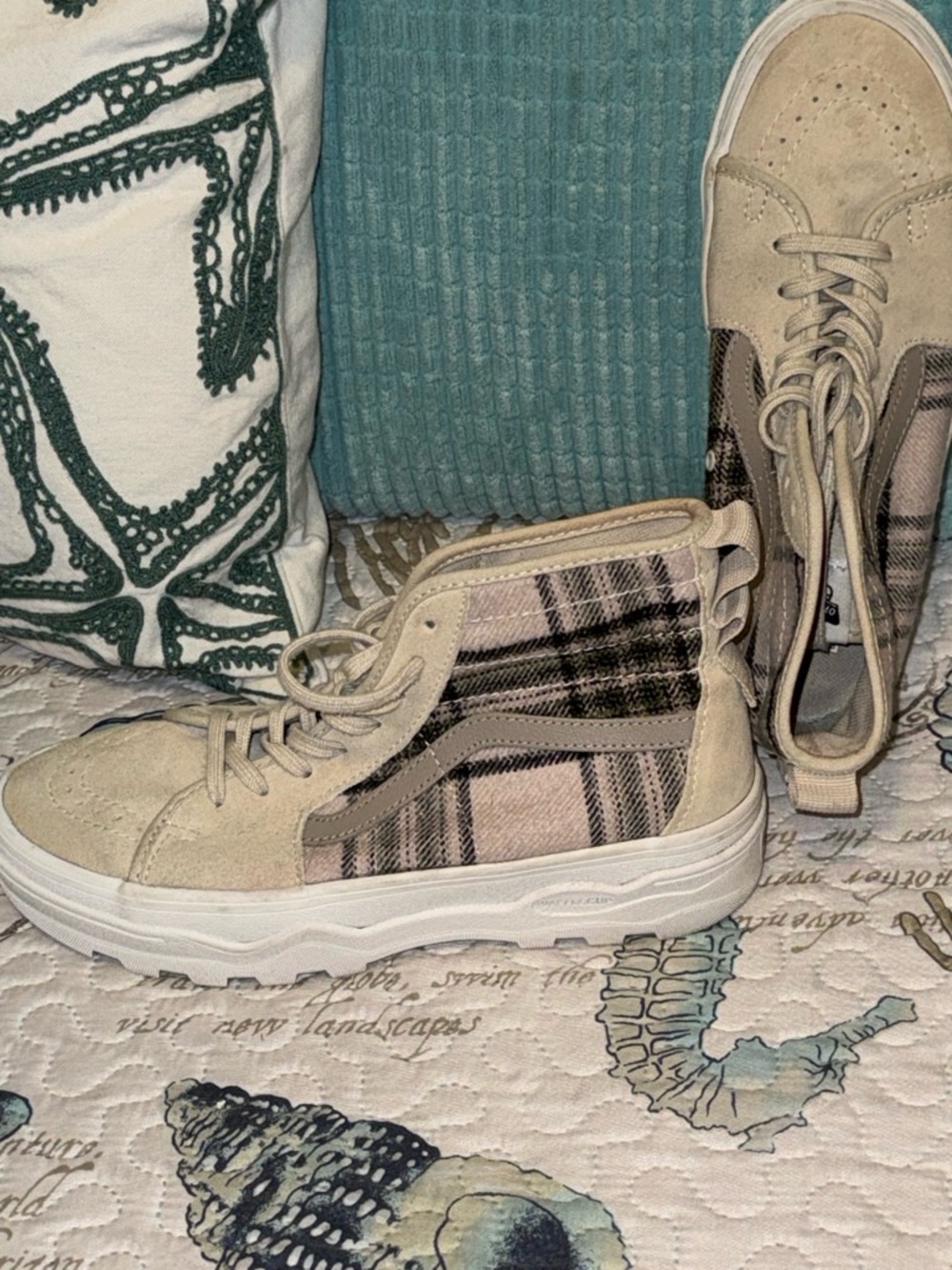 Vans Beige and Black Plaid Sk8-Hi Platform Sneakers